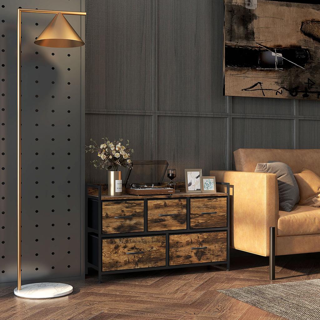 Fabric Chest of Drawers with 5 Drawers and Metal Frame, Industrial Style for Living Room or Hallway, 98x29x63 cm, Rustic Brown