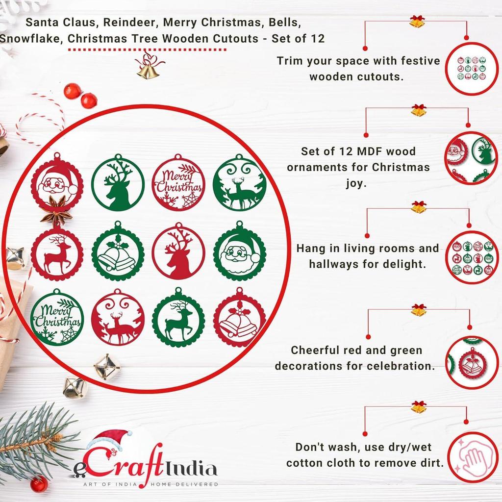 Red Green Santa Claus Reindeer Merry Christmas Decor Hanging Bells Snowflake Xmas Tree Wooden Cutout Christmas Tree Decoration