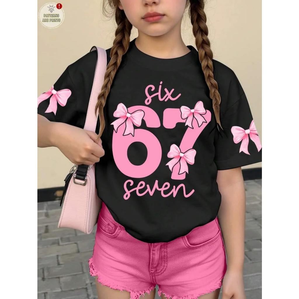Children's printed short-sleeved round neck T-shirt for girls, casual wear, comfortable children's clothing, girls' apparel
