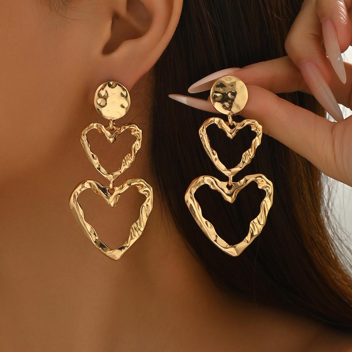 Female Versatile Exaggerated Personality Three-layer Heart-shaped Earrings 1 pair