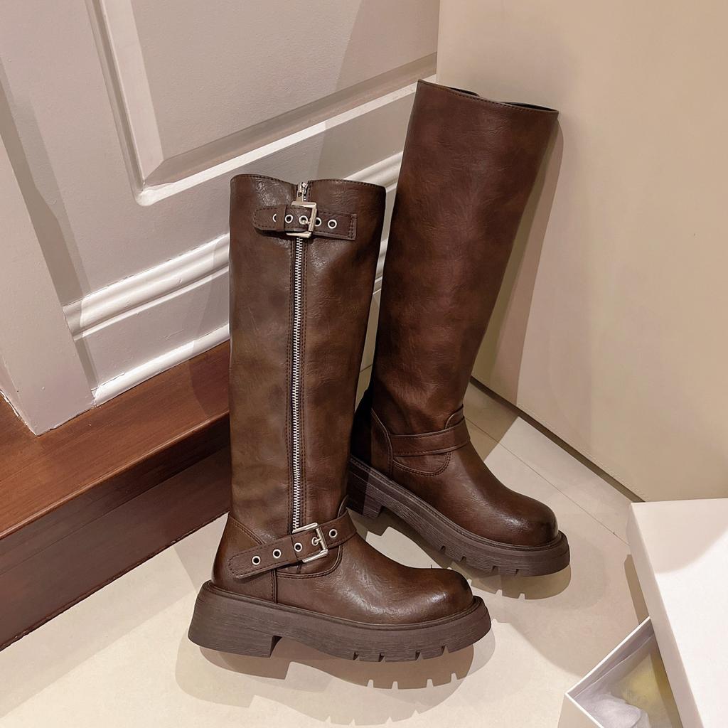 Versatile Simple Knight Boots Women's 2025 Autumn and Winter New Models But Knee Boots Round Head Middle Heel Martin Boots Genuine Leather Women's B