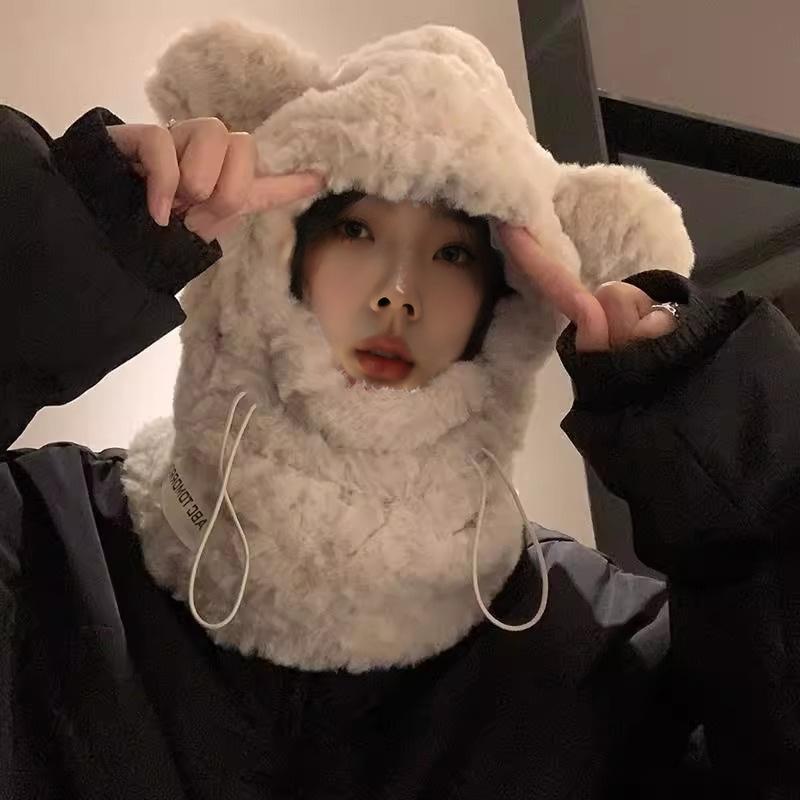 Korean Version of Warm Ear Protection Hat In Autumn and Winter Riding Cold Wave Cute Thick Plush Bear Hat Scarf Integrated Women