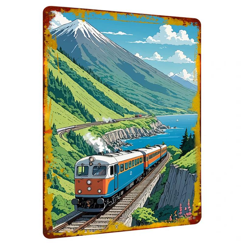 

Anime Style Mountain Sea View Train Metal Wall Art Home Decor Living Room Bedroom Dining Room Hanging Ornament 20x30cm（7.8x11.8inch）