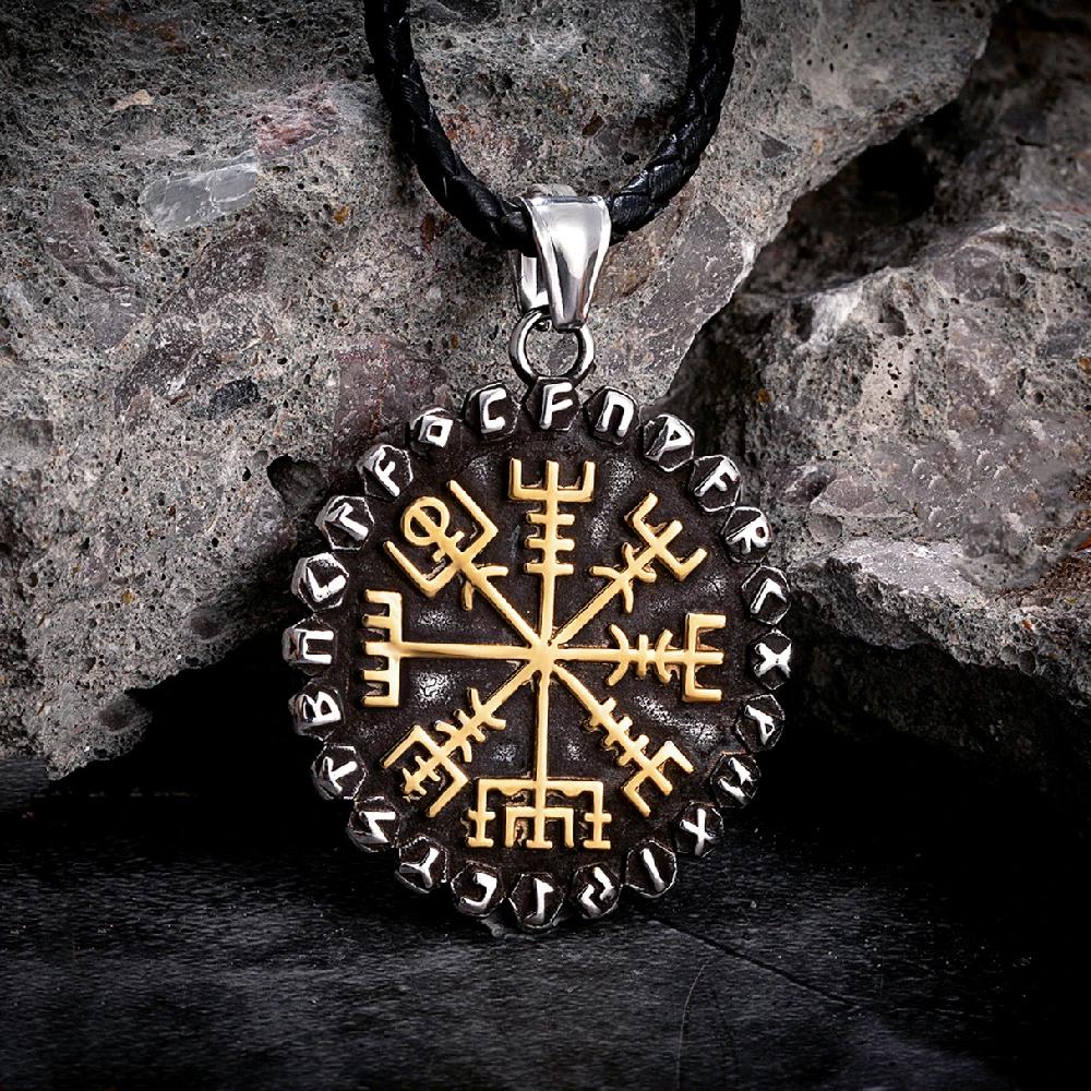 Classic Norse 24 Runes Viking Compass Necklaces Mens Amulet Vegvisir Pendant Stainless Steel Chain Icelandic Male Jewelry Gifts
