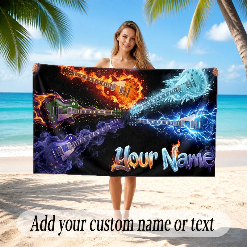 Music Guitar Theme Beach Towel Personalized Custom Name & Text Soft Quick Dry Beach Towel for Swimming Travel