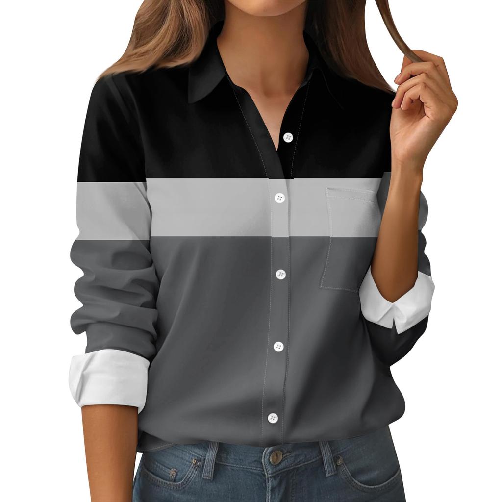 Women's Button Down Prints Shirt Long Sleeve Shirt Business Work Tops Casual With Pockets Jacket