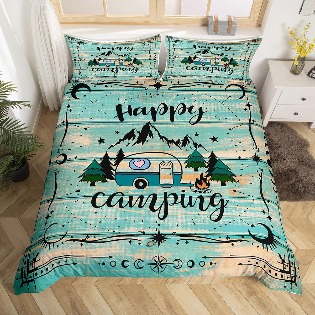 Camping Duvet Cover Lodge Cabin Camp Travel Car Bedding SetHappy Glamping Trailer Comforter Cover QueenVintage Farmhouse Decor EU Single(135*200cm)3pcs