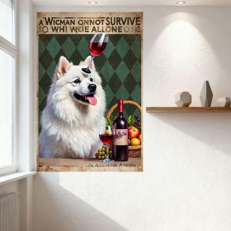 Vintage Style Samoyed Dog Wine Glass Nose Humorous Tin Sign Green Black Diamond Background for Home Bar Man Cave Cafe Decor