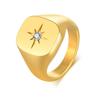 Women Fashion Star Signet Rings, Gold Color Solid Metal Square Round Top Stamp AAA CZ Stone Band, Chic Boho Cool Jewelry