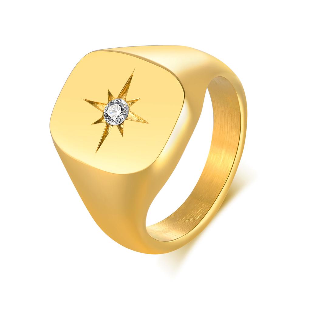 Women Fashion Star Signet Rings, Gold Color Solid Metal Square Round Top Stamp AAA CZ Stone Band, Chic Boho Cool Jewelry