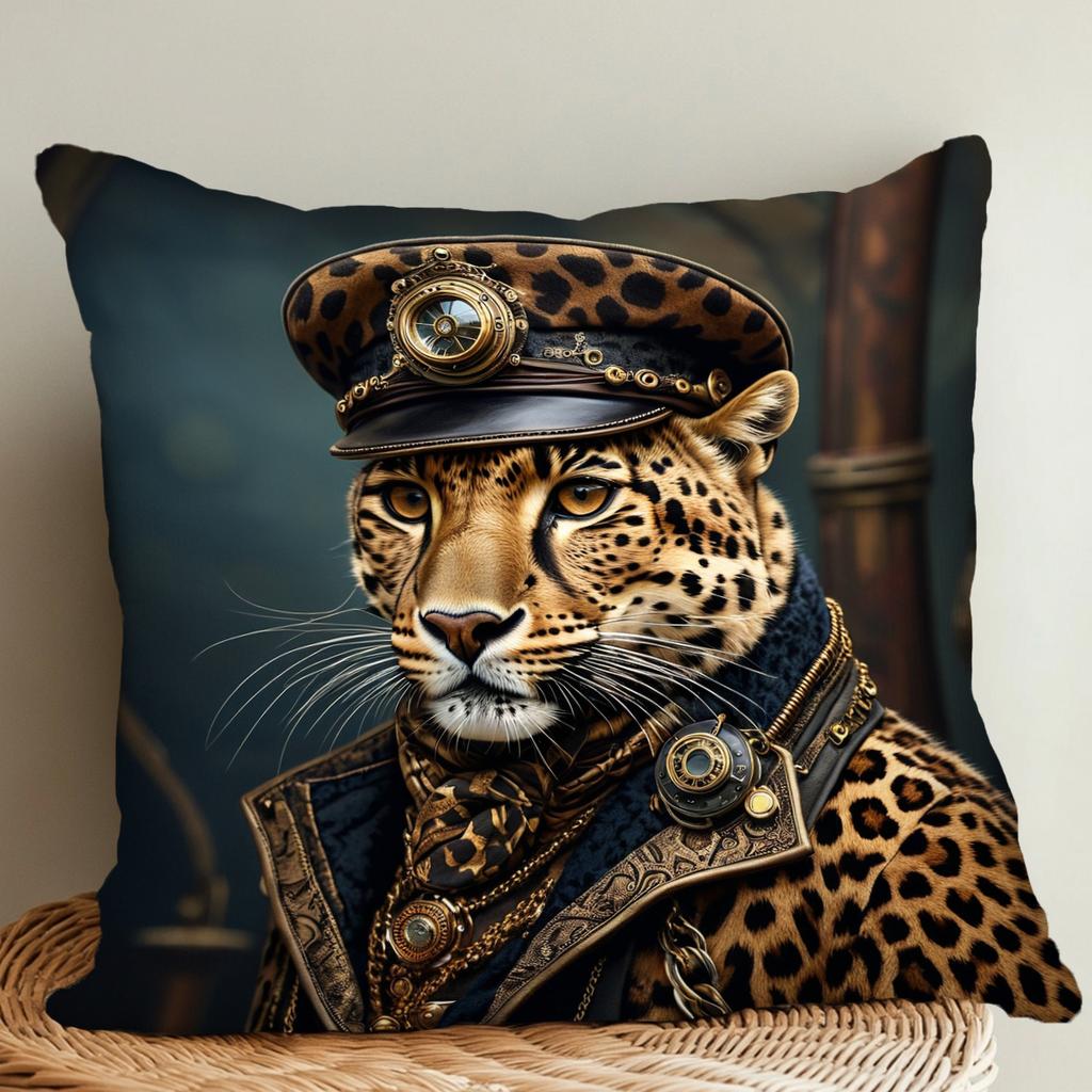 2D Flat- Steampunk Leopard Captain Throw Pillow Cover Luxury Vintage Animal Decorative Pillowcase For Sofa Bedroom Living Room