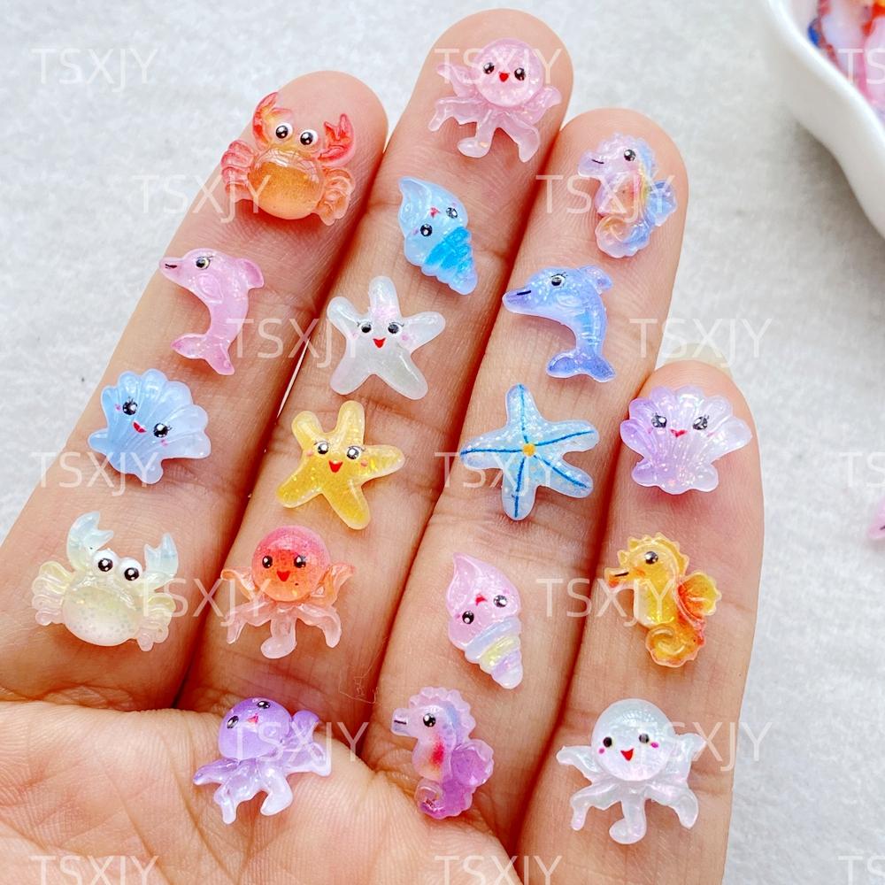 50Pcs New Nail Art Mini Cartoon Ocean: Dolphins, Crabs, Starfish, Shells Charms Rhinestones DIY Craft For Nail 3D Decorations