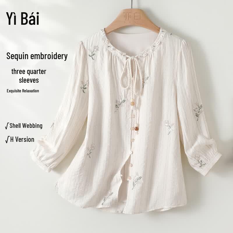 Women s Sequin Embroidered Collarless Seven-Quarter Sleeve Shirt M