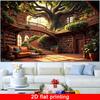 2D Skurriles Verzaubertes Bibliotheks-Wandteppich, Riesenbaum & Mehrstöckiges Bücherregal Wandbehang