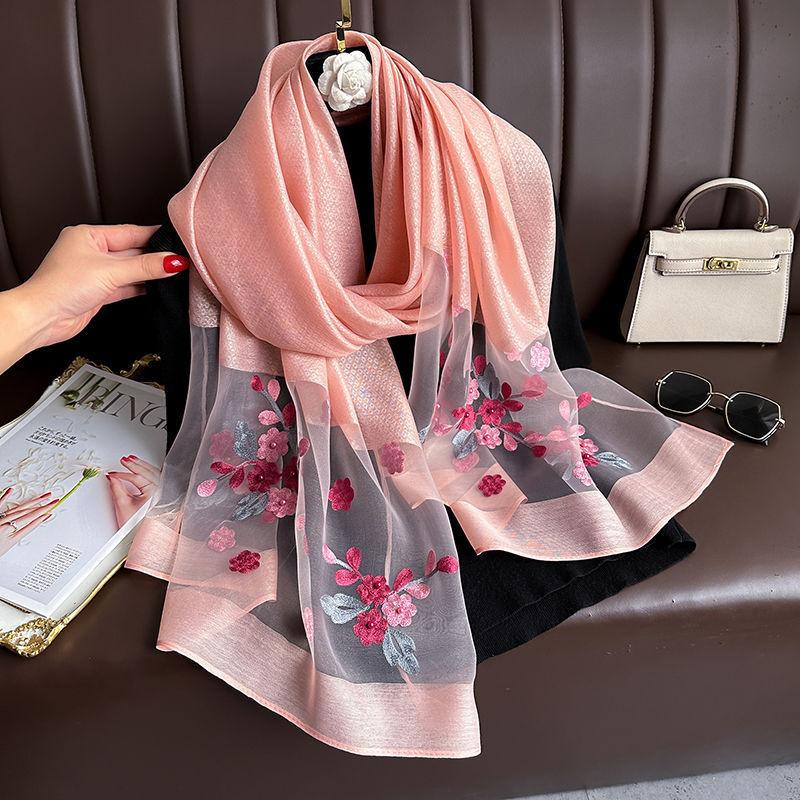 New Beaded Imitation Silk Scarf for Female Elegant and Versatile Embroidered Crabapple Flower Long Scarf Summer Sun Protection Gauze Scarf