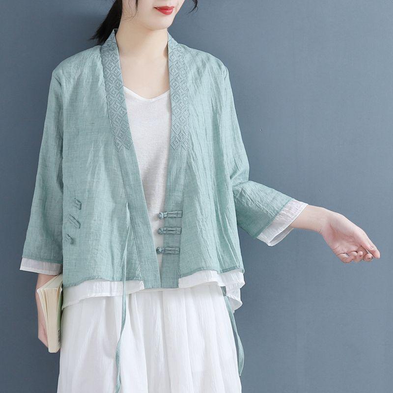 Damen Vintage Chinesischer Stil Bluse Bestickt Locker Geschnitten Asymmetrisch Knopfleiste Hemd Schickes Frühling Sommer Oberteil KK132
