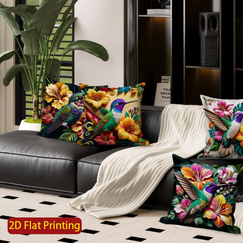 2D Tropical Hummingbird Floral Throw Pillow Covers Pattern Cushion Cover Suitable For Sofa Bedroom Car Pillow Cover