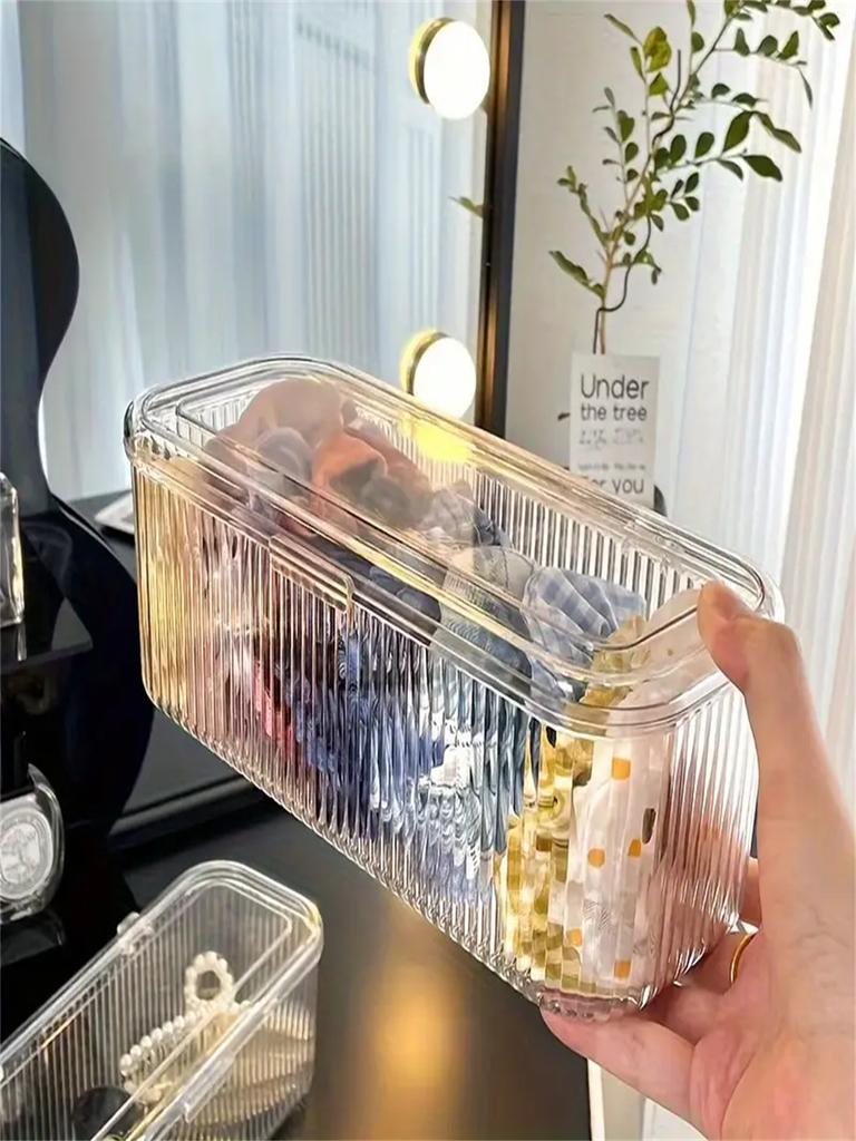 One Piece Stripe Transparent Flip Cover Storage Box High Visibility Convenient Accessable Stackable Storage for Organization