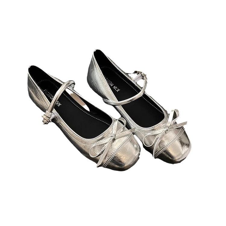 Silver Shallow Mouth Wind Flat Single Shoes Female Summer Round Head Mary Jane Shoes Fashionable and Comfortable
