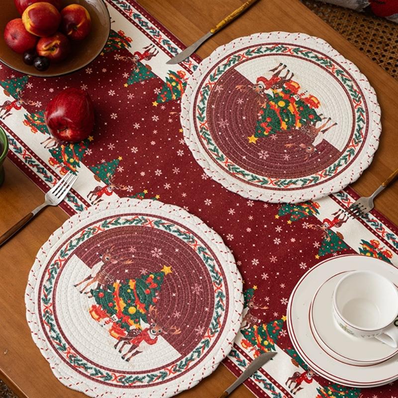 Christmas Snowflake Embroidered Round Table Placemat Heatproof Waterproofs Washable Decorative Dining Accessory
