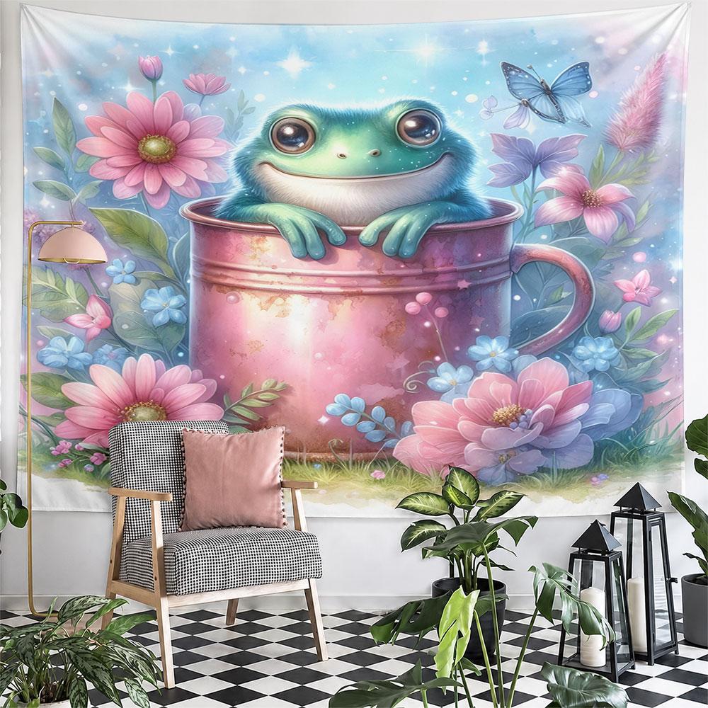 "Frog in a Pink Mug with Floral Bliss" Pattern Wall Hanging Tapestry Decorative Tapestry Home Decor for Bedroom and Living Room