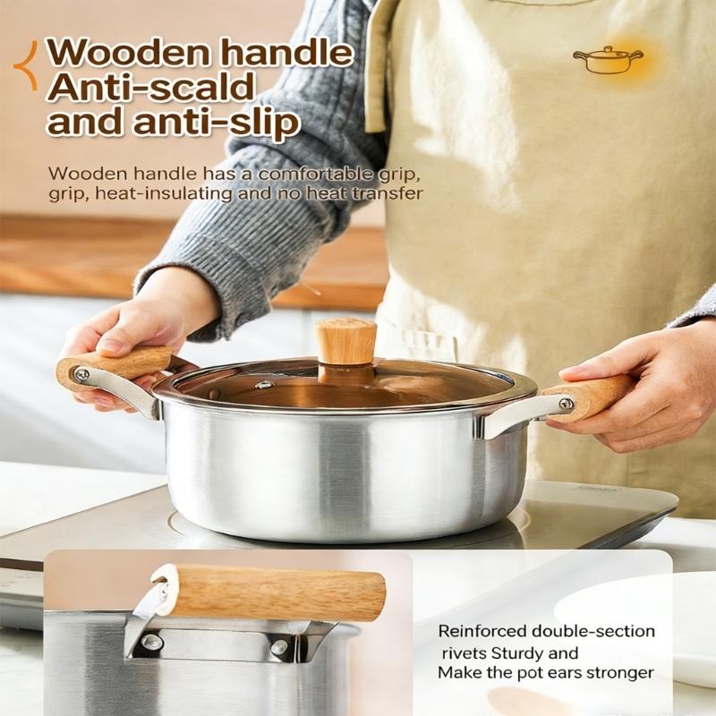 Aluminum Soup Pot with Double Wooden Handle and Glass Cover for Gas Induction Cooktops Multipurpose Cooking Application