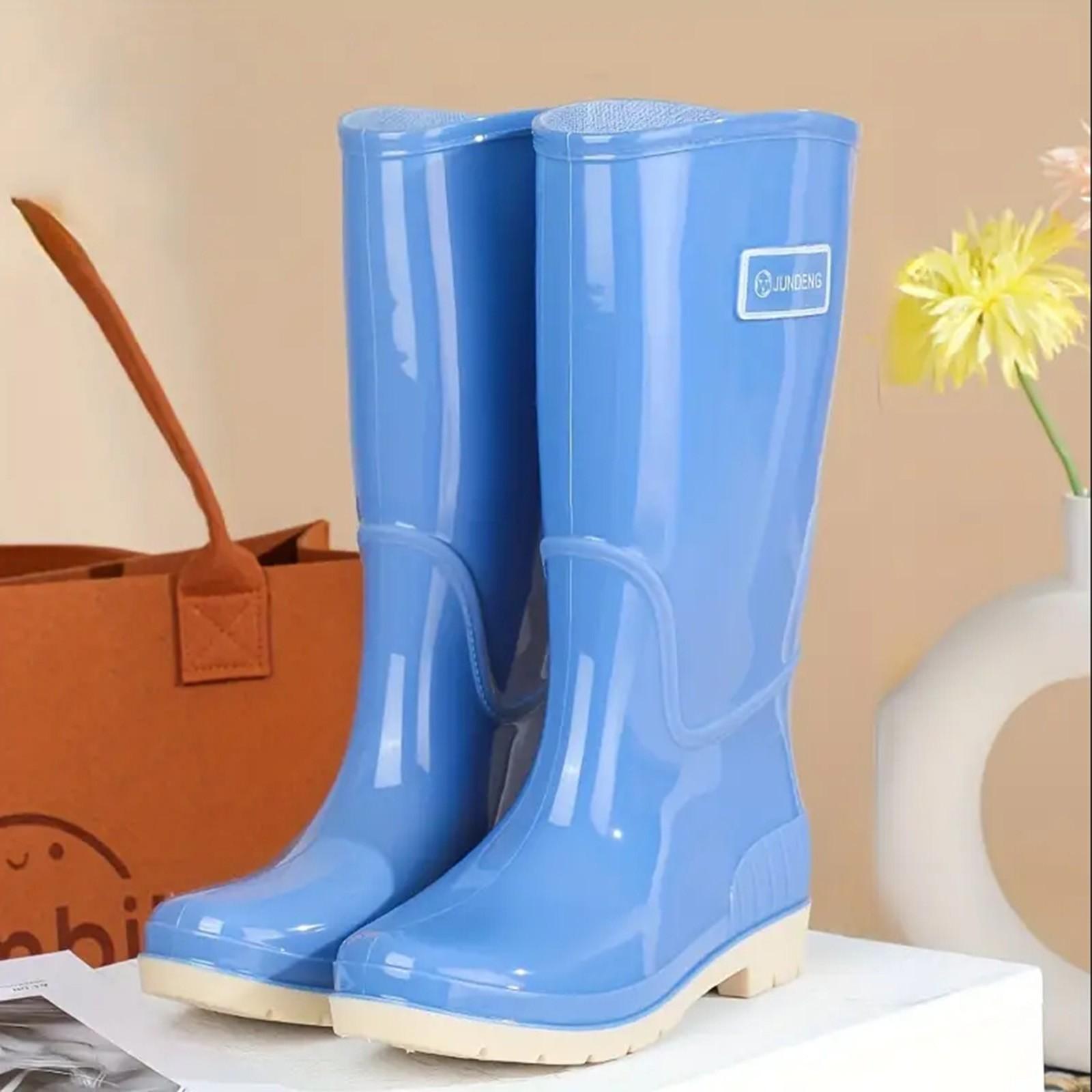 Women s Mid-Calf Boots Outdoor Waterproof High Top Anti-Slip Rain Boots Rubber PVC Wet-Look Solid Color Platform Rain Shoes 35