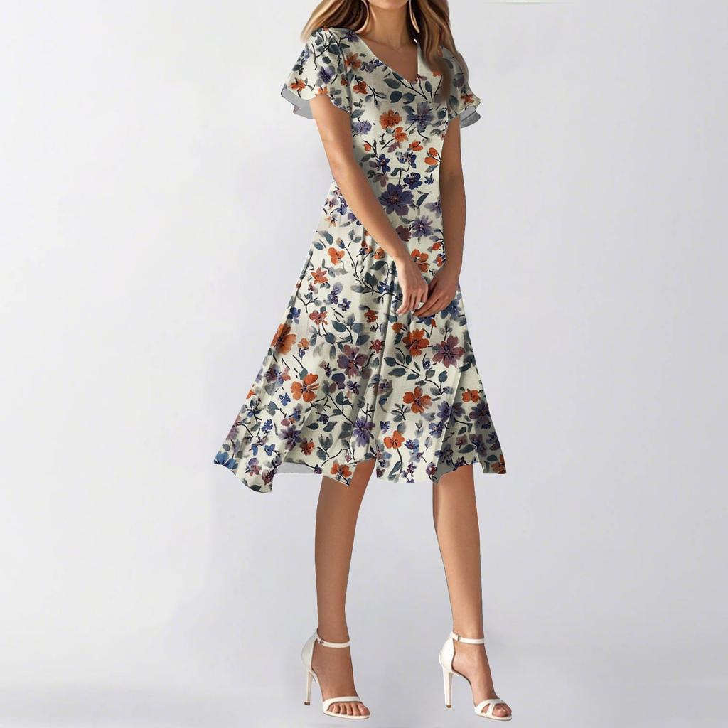 Damen Sommerkleid, lässig, modisch, Blumendruck, V-Ausschnitt, kurzärmelig, kurzer Rock