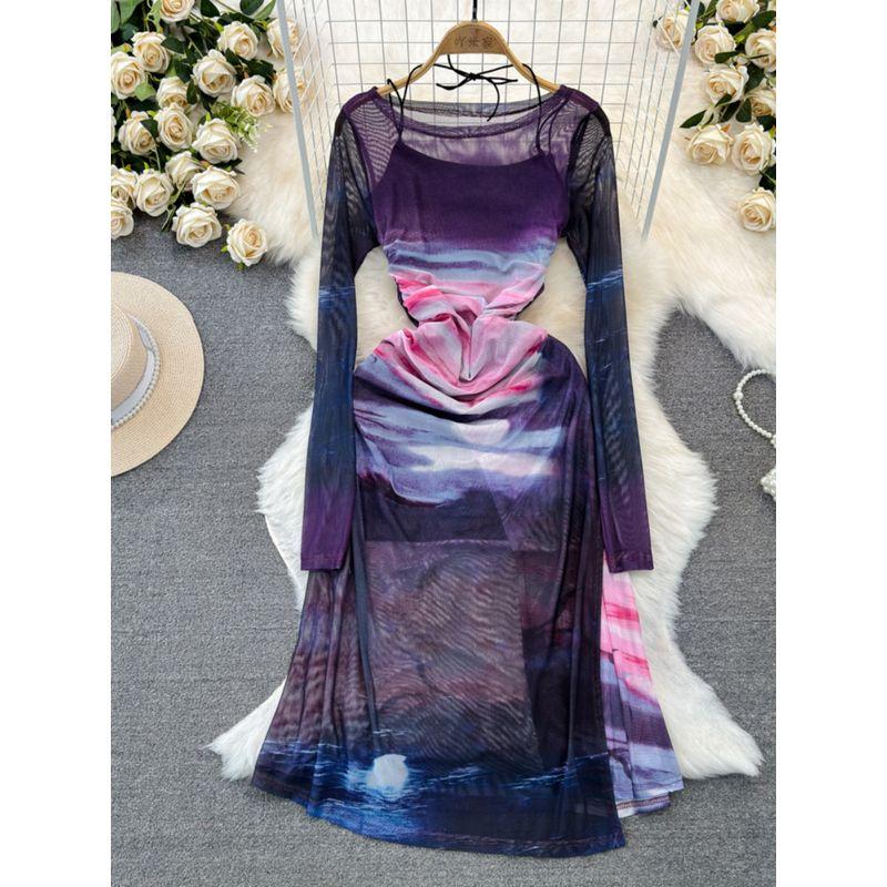 Spring and Autumn Retro Sexy Long Sleeves Suspender Skirt Mesh