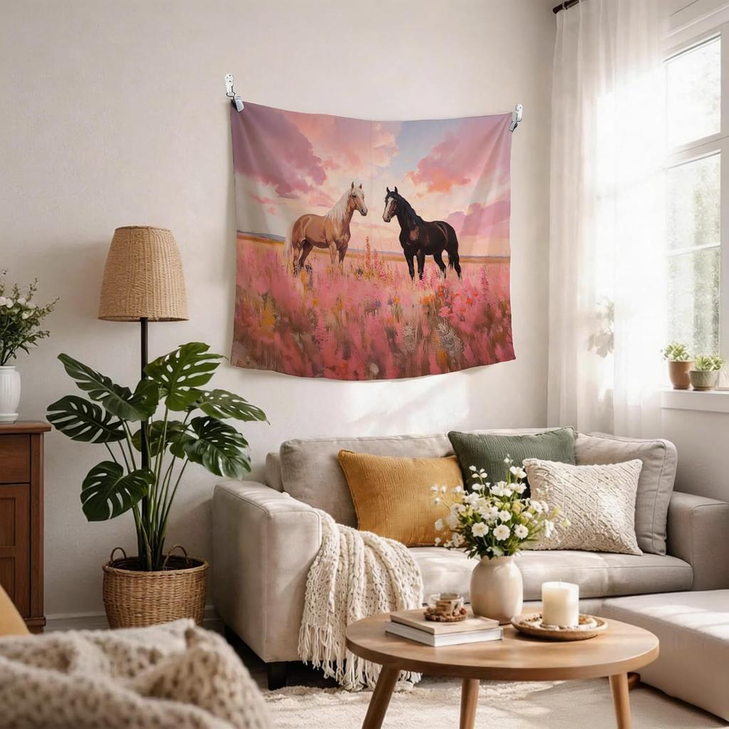 Pink Wildflower Horse Tapestry Wall Hanging, Horse Decor for Girls Room, Pastel Floral Meadow Horses Wall Tapestry for Girls