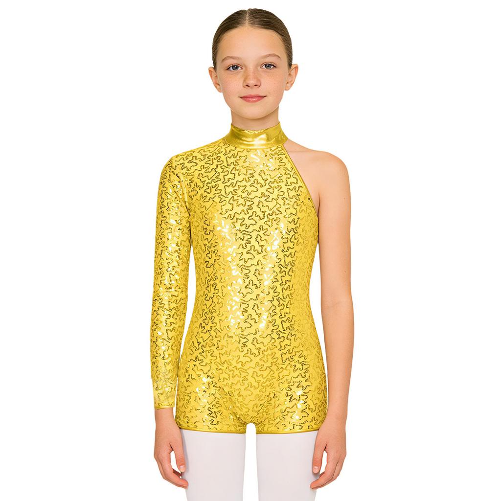 Kinder Mädchen Single Lange Ärmel Glänzende Pailletten Tanz Gymnastik Kurzen Overall Bühne Leistung Kleidung