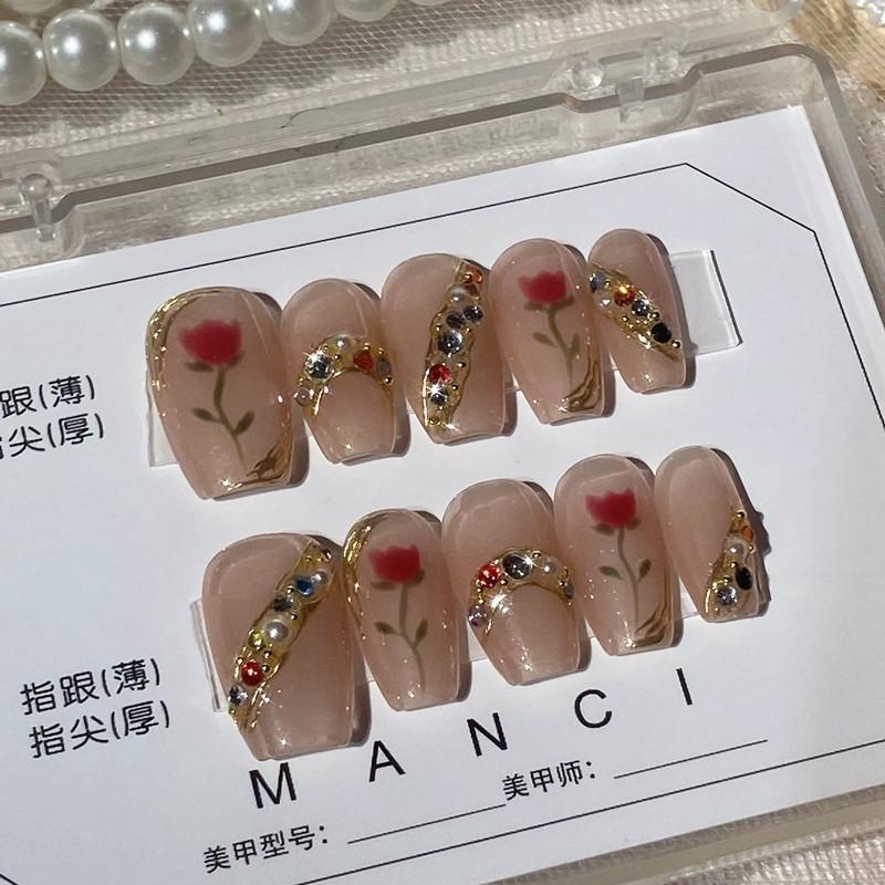

Hand-Painted Rose & Diamond Wearable False Nail Tips with Removable Adhesive
