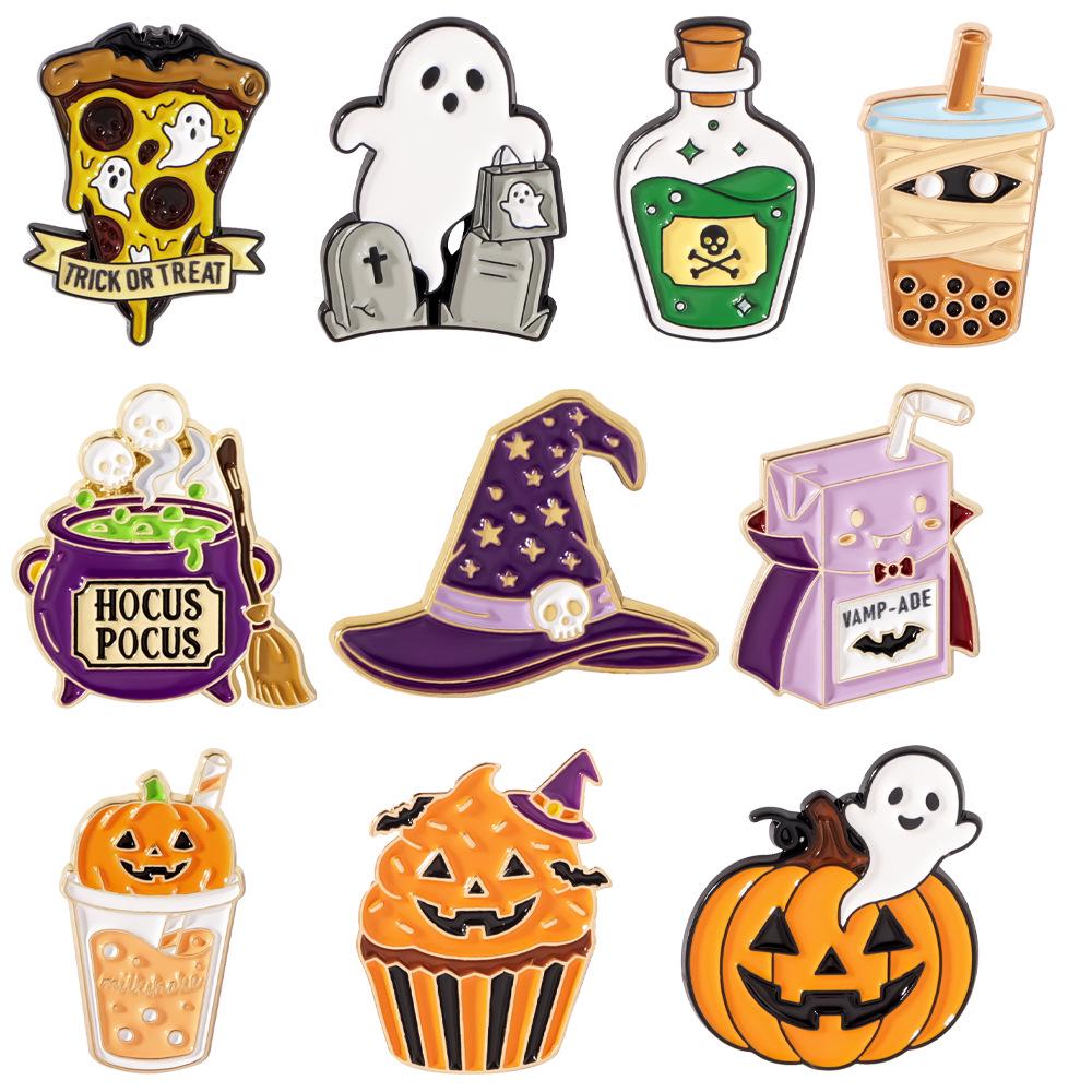 European & American Cross-border Halloween Brooch: Cute Ghost, Pumpkin, Pizza Alloy Badge for Clothing Accessories