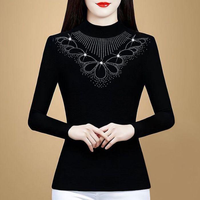 2024 Autumn/Winter Fleece-Lined Slimming Plus Size Long Sleeve Semi-High Neck Blouse