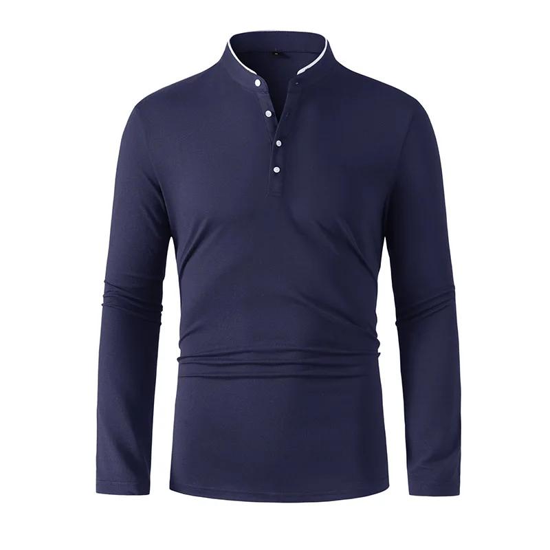 New Men's Casual and Fashionable Solid Color Long Sleeved Stand Up Collar T-shirt Summer Versatile and Comfortable Top