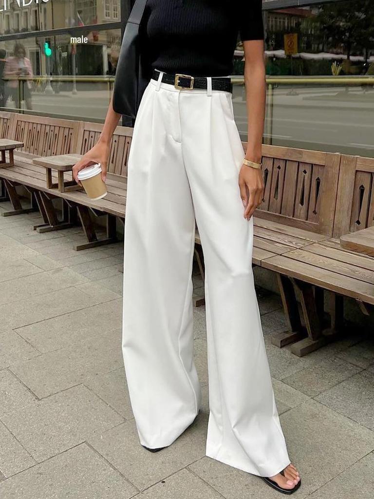 Women's High-Waisted Floor-Length White Commuter Pants - Versatile European & American Style