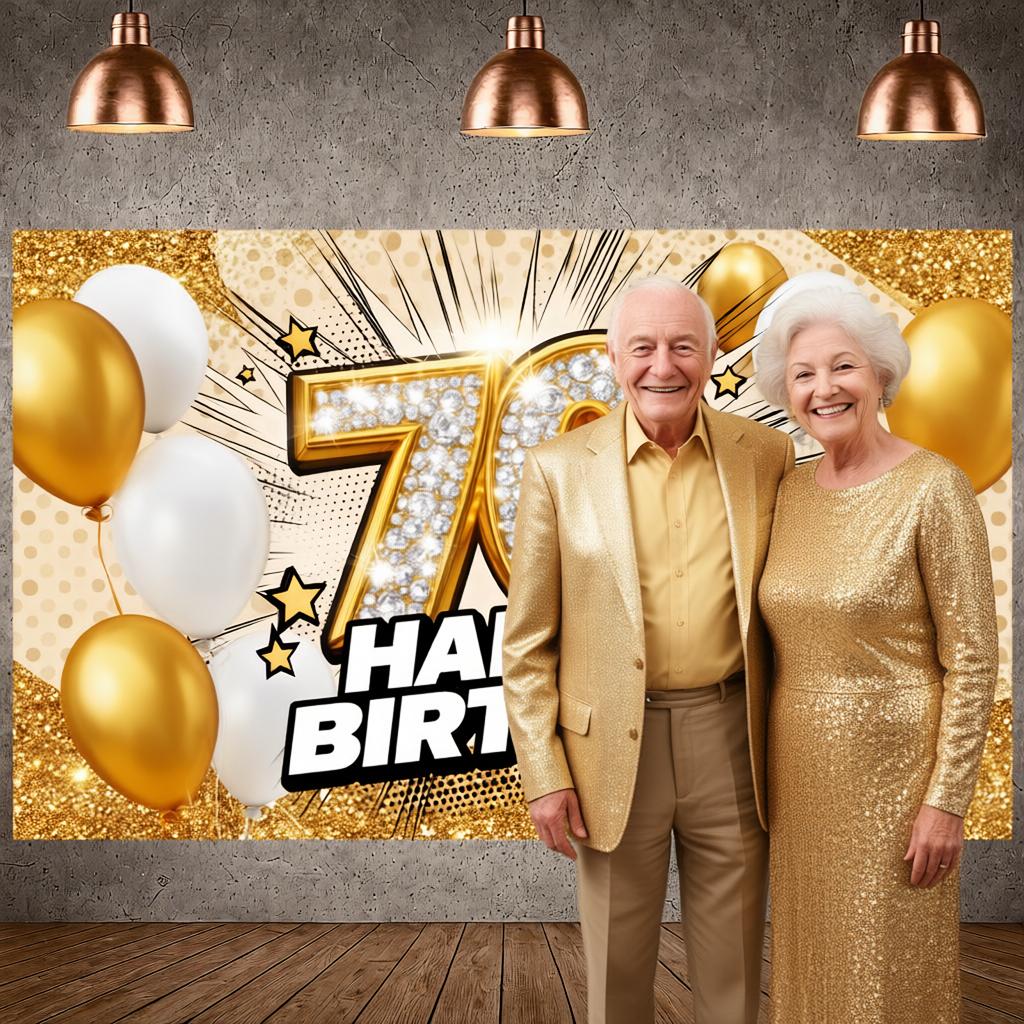 70th Birthday Photo Backdrop Gold Frame 70th Birthday Party Banner 70th Birthday Backdrop Typography For Banquet Hall