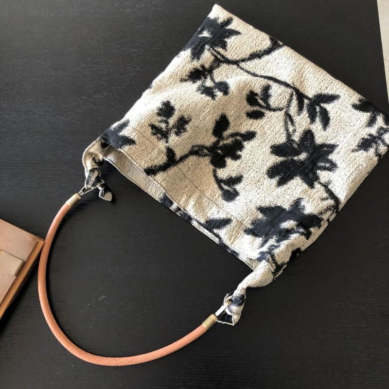 Vintage Ins Texture Black White Contrasting Jacquard Fabric Cowhide Rope Bag Underarm Shoulder Cosmetic Female