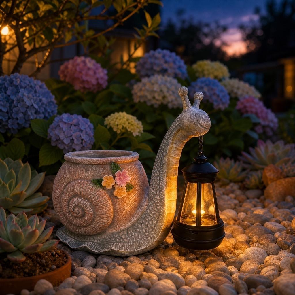 Solar Powered Snail Shaped Planter with Hanging Lantern Outdoor Garden Decoration Durable Resin Material Suitable for Patio Lawn Yard