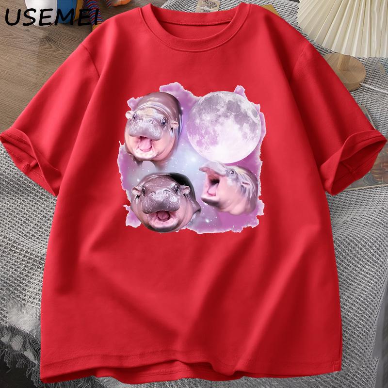 

Three Moo Deng Moon Tshirt Unisex Women Fuuny Cartoon Cute Moodeng Tshirt Cotton Short Sleeve O Neck Unisexs Clothing S