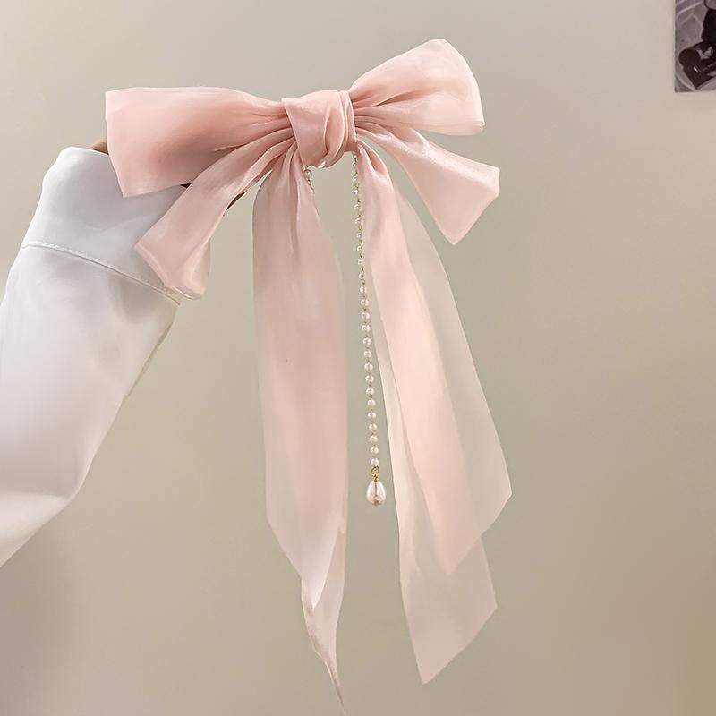 Vintage Elegant Hair Clip Three-layer Bow Pearl Chiffon Super Fairy Style Tie Hair Spring Clip Womne Fashion Hair Accessories