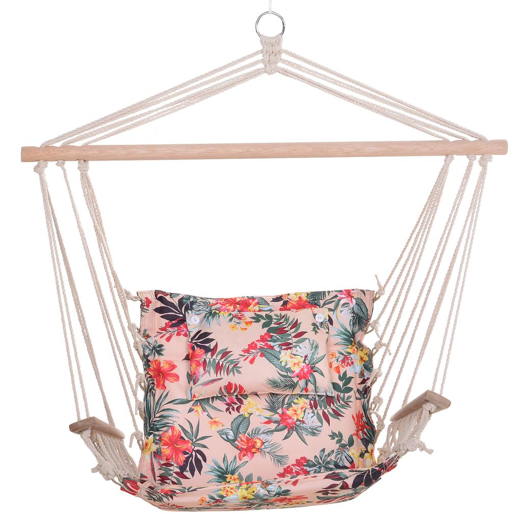 Garden Outdoor Hanging Hammock Chair Thick Rope Frame Wooden Arms Safe Wide Seat Garden Outdoor Spot Stylish Multicoloured floral