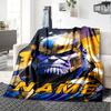 The Image Features A Detailed And Vibrant Depiction Of A Character With A Metallic Gold And Blue Armored Head Gift Customizable Blanket Personalized