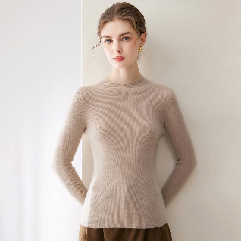 Women's Cashmere Seamless Knit Long Sleeve Sweater, Half-High Neck.