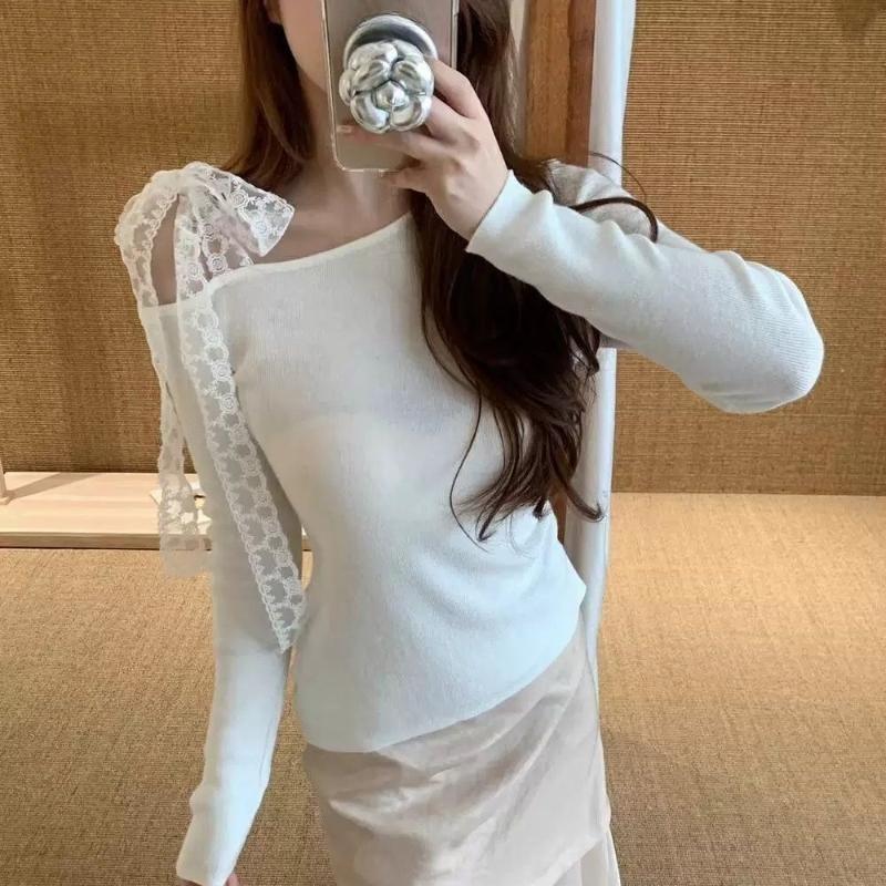 

Кружевной галстук-бабочка Свитер с открытыми плечами для женщин Осенью и Зимой, в сочетании со свитером для стильного базового слоя one size белый