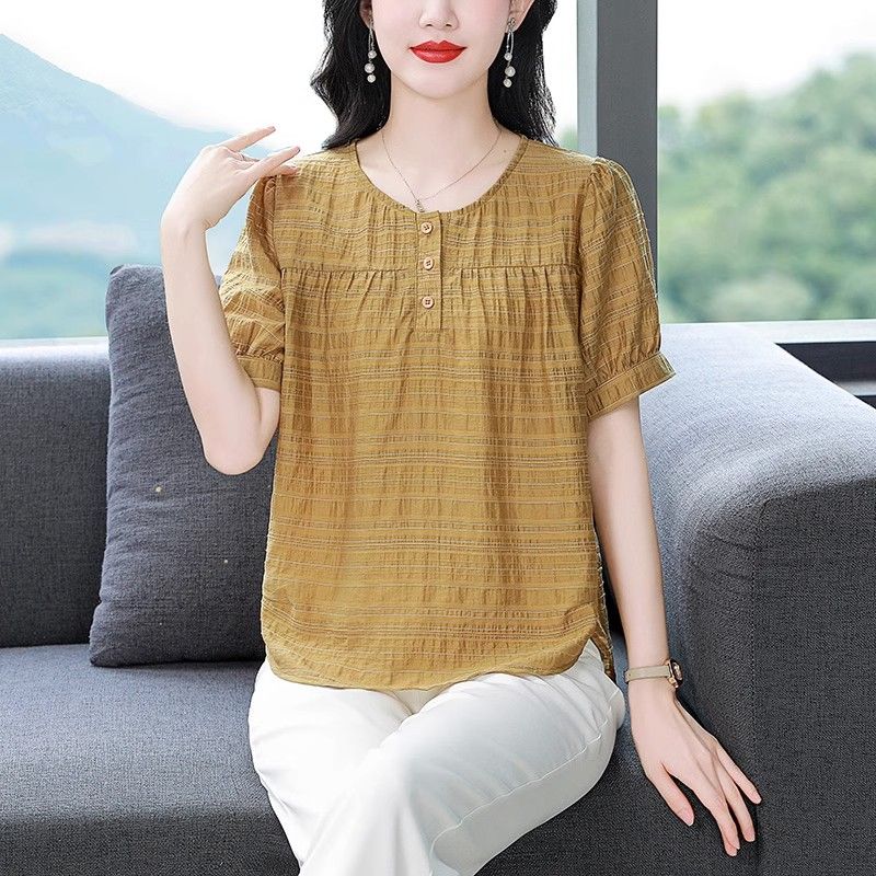Cotton and Linen Short-sleeved Shirt for Women In Summer New Style Young Mother Fashionable Age-reducing Shirt Slim Top