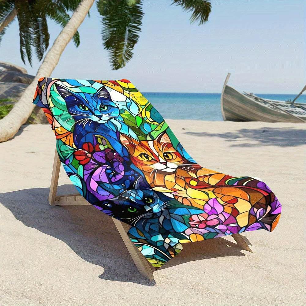 1Pc Pack, Microfiber Stained Glass Style Cat Beach Towel Quick-Dry Microfiber Strong Wrap Design Suitable For Beach And Pool Use