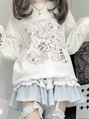 Y2k Japanese Harajuku Anime White Hoodie Kawaii Cute Cartoon Streetwear School Student Sweatshirt Long Sleeve Tops