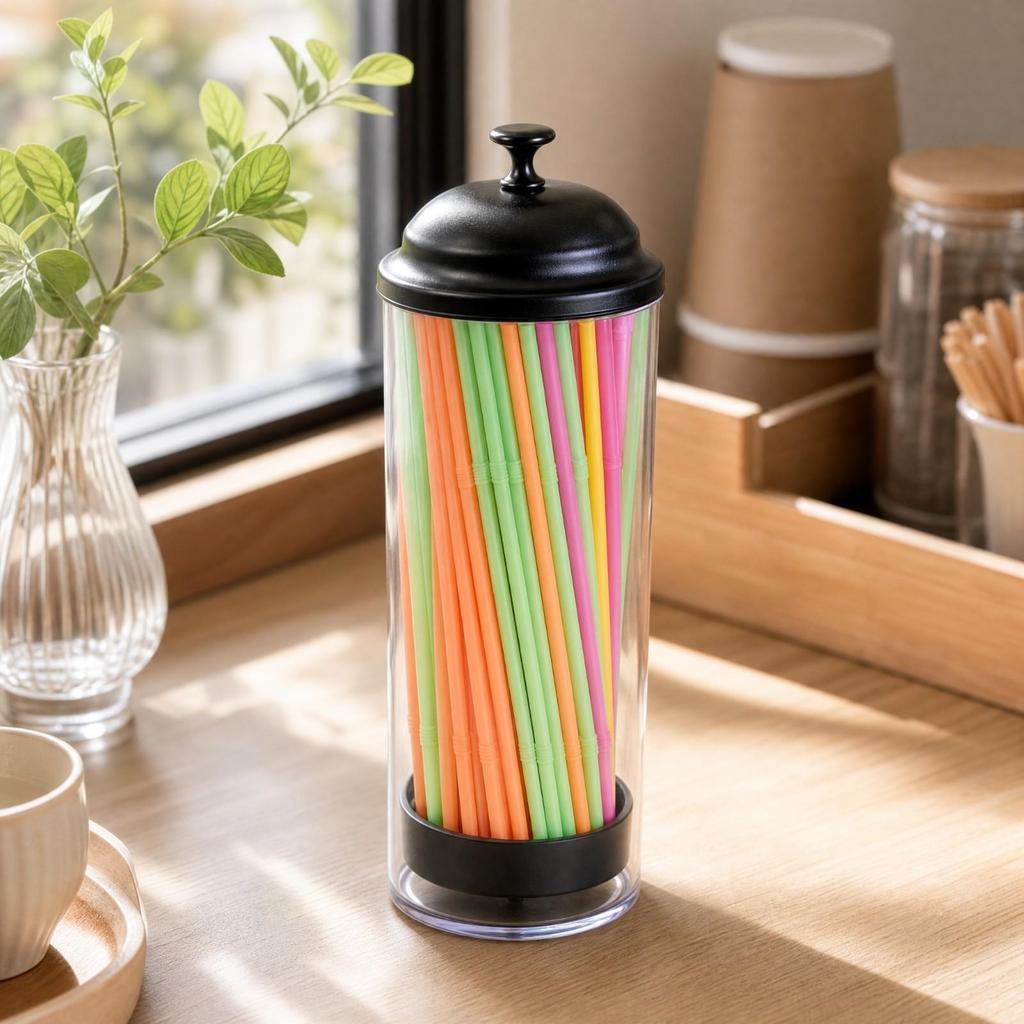 Cylindrical Straw Dispenser Transparent with Lid DustdustResistant for Restaurant,