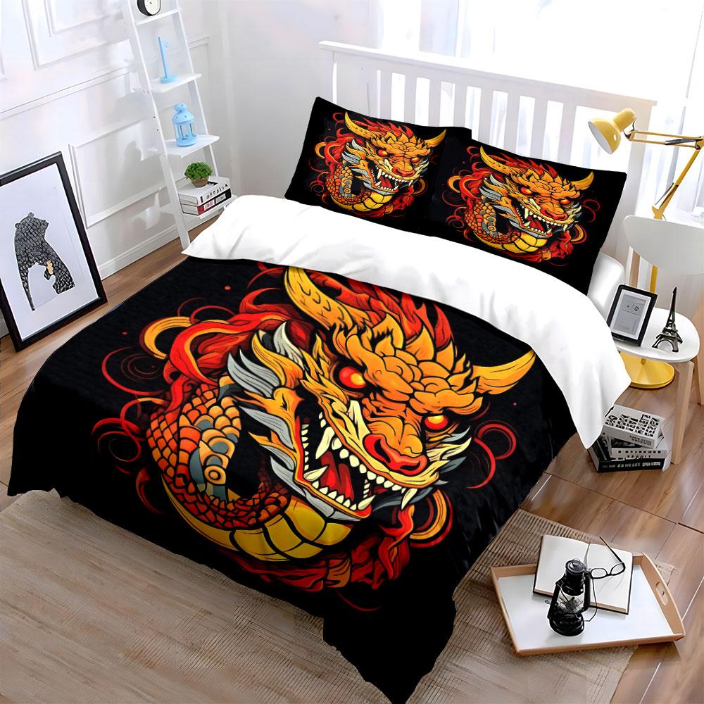 3Pcs Fiery Red Chinese Dragon Head Duvet Cover Set Black Base New Year Lucky Bedding Single Double King Queen Gift